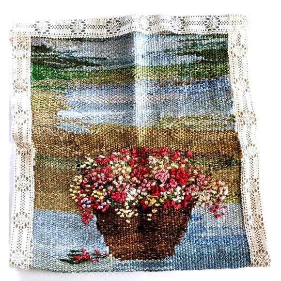 Vintage Tapestry Technique Needlepoint Panel Square Hand Woven Cottage 13*13 in - Picture 2 of 8